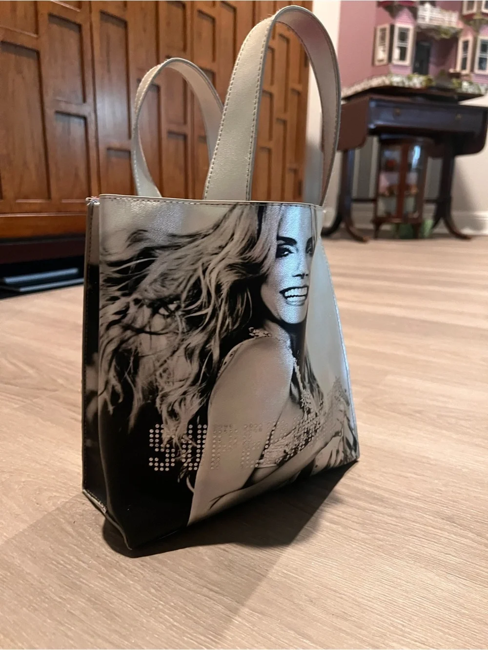 Victoria's Secret Silver Tote with Pink Interior and Photo Print
